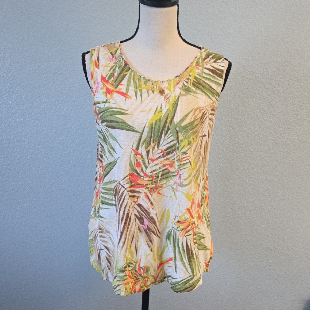 J JILL Love Linen Tropical Palm Print Sleeveless Tank Top Linen Sz Large
